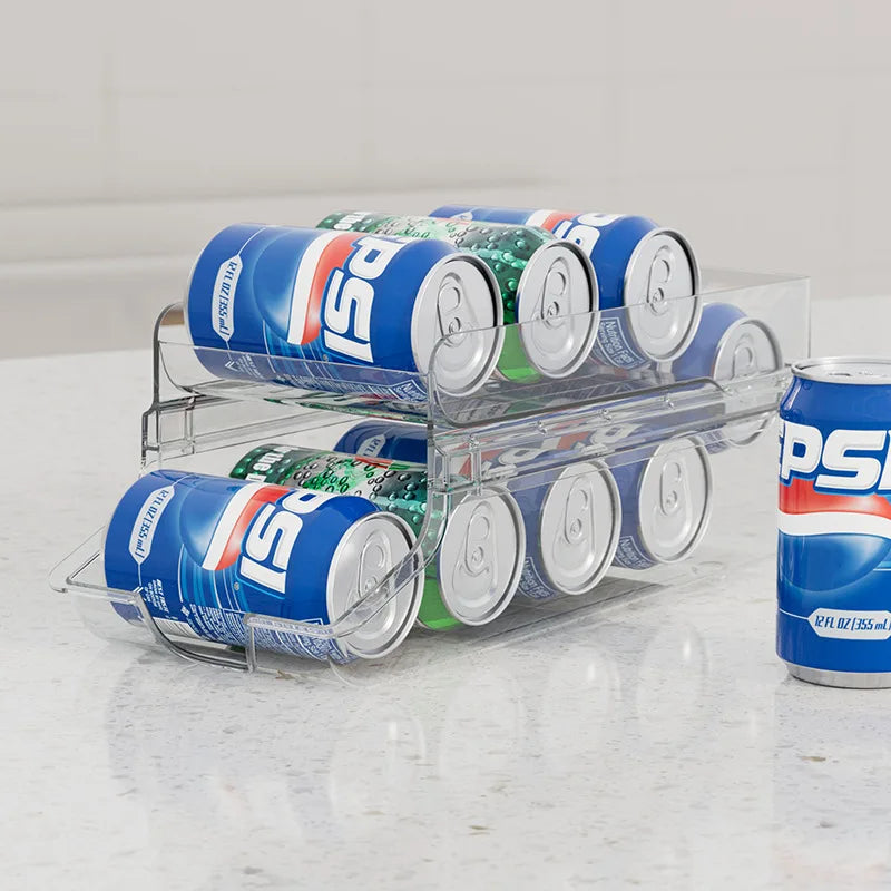 Double Foldable Beverage Rack for Refrigerator - Auto Rolling Dispenser and Storage Organizer for Cans and Bottles