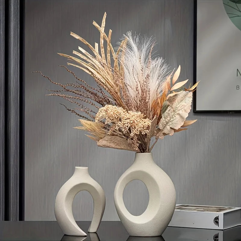Nordic Modern Ceramic Vase Set of 2 for Contemporary Home Decor, Boho-Inspired Hollow Flower Vases for Living Room and Bookshelf