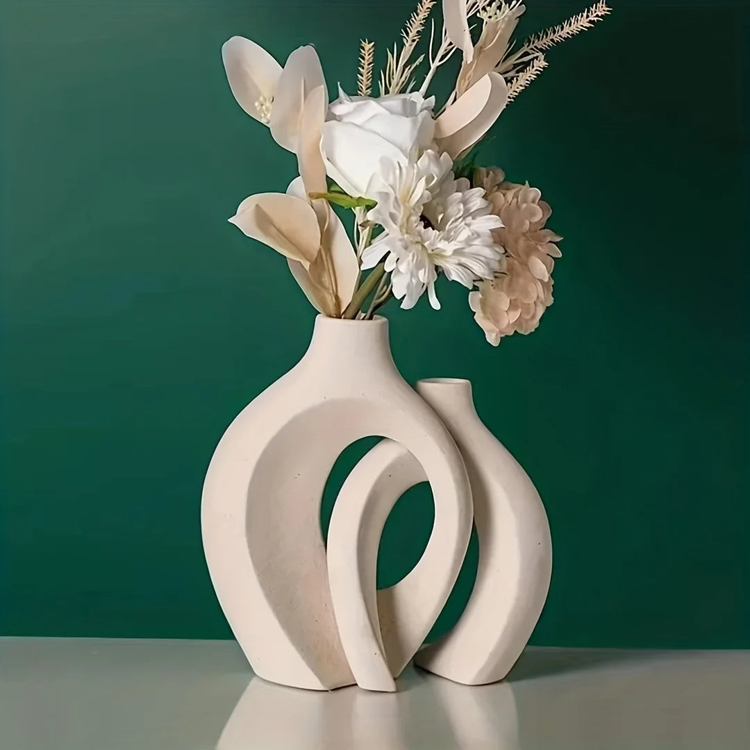 Nordic Modern Ceramic Vase Set of 2 for Contemporary Home Decor, Boho-Inspired Hollow Flower Vases for Living Room and Bookshelf