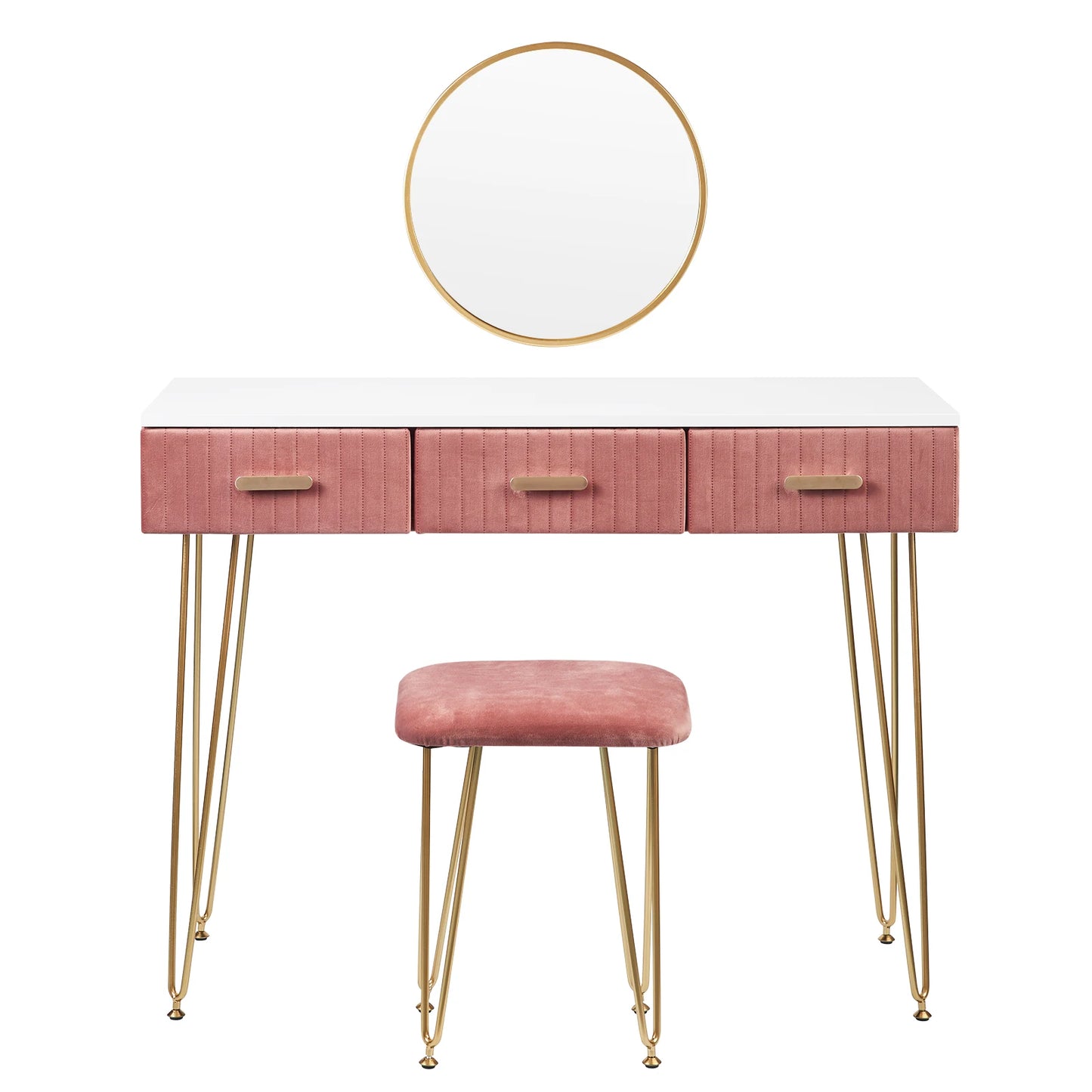 Contemporary Makeup Vanity Table with Stool, Mirror, and Drawers for Bedroom - Available in Pink and Grey