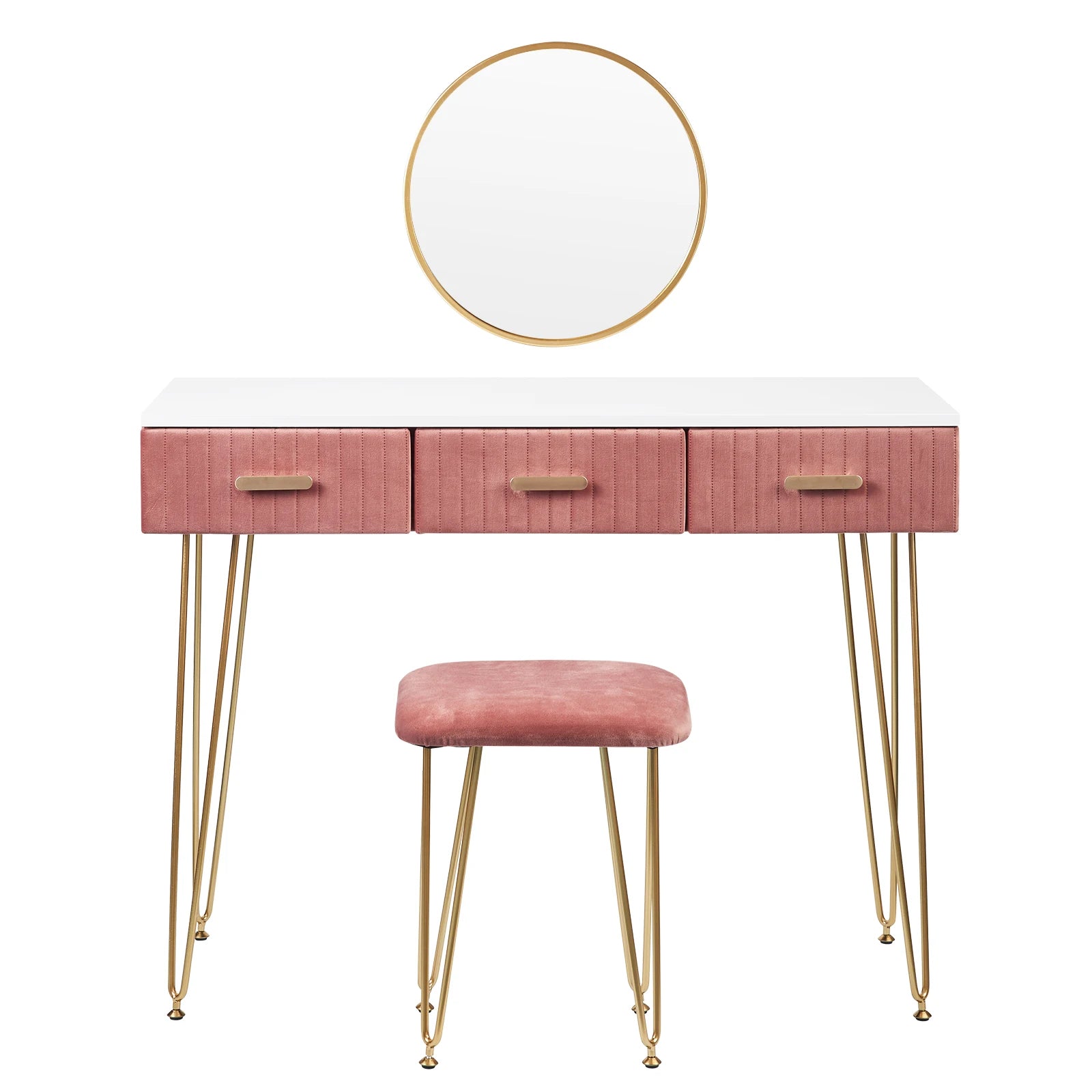 Contemporary Makeup Vanity Table with Stool, Mirror, and Drawers for Bedroom - Available in Pink and Grey
