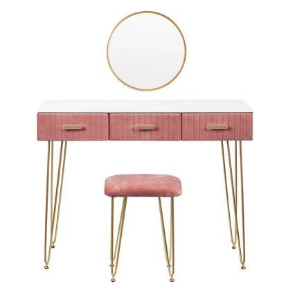 Contemporary Makeup Vanity Table with Stool, Mirror, and Drawers for Bedroom - Available in Pink and Grey
