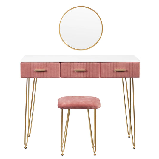 Contemporary Makeup Vanity Table with Stool, Mirror, and Drawers for Bedroom - Available in Pink and Grey