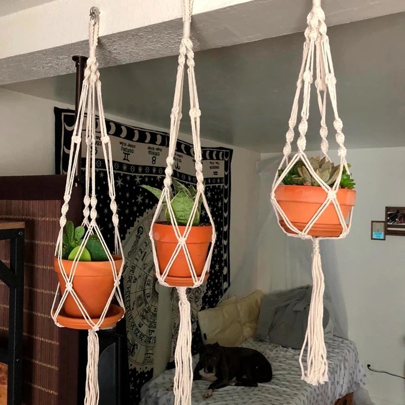 Macrame Hanging Planter - Decorative Wall Plant Holder and Flower Basket for Balconies