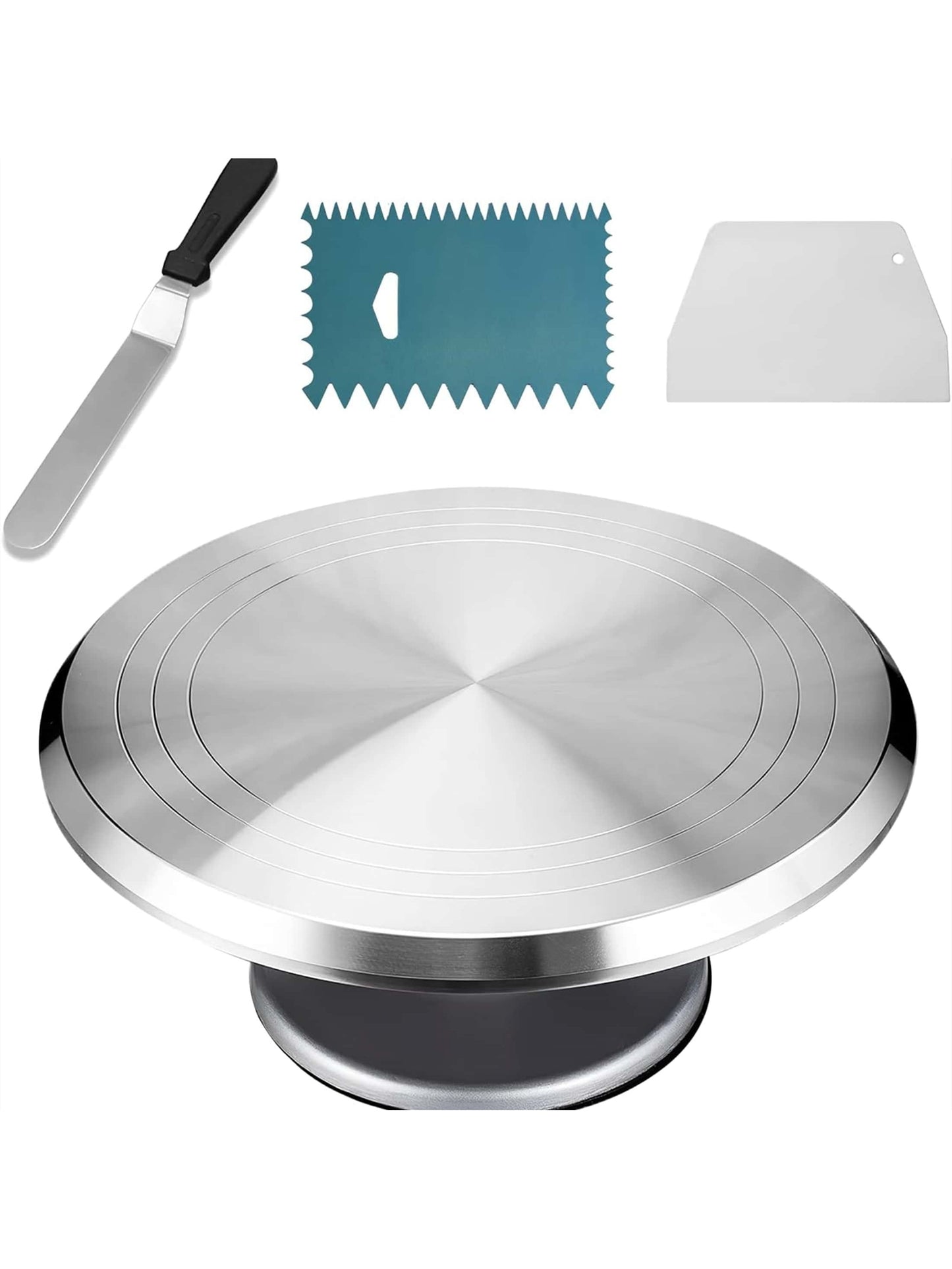 4-Piece Cake Decorating Set: 12" Revolving Cake Turntable, 14.5" Icing Spatula, and 2 Comb Icing Smoothers - Ideal for Weddings, Birthdays, and Parties