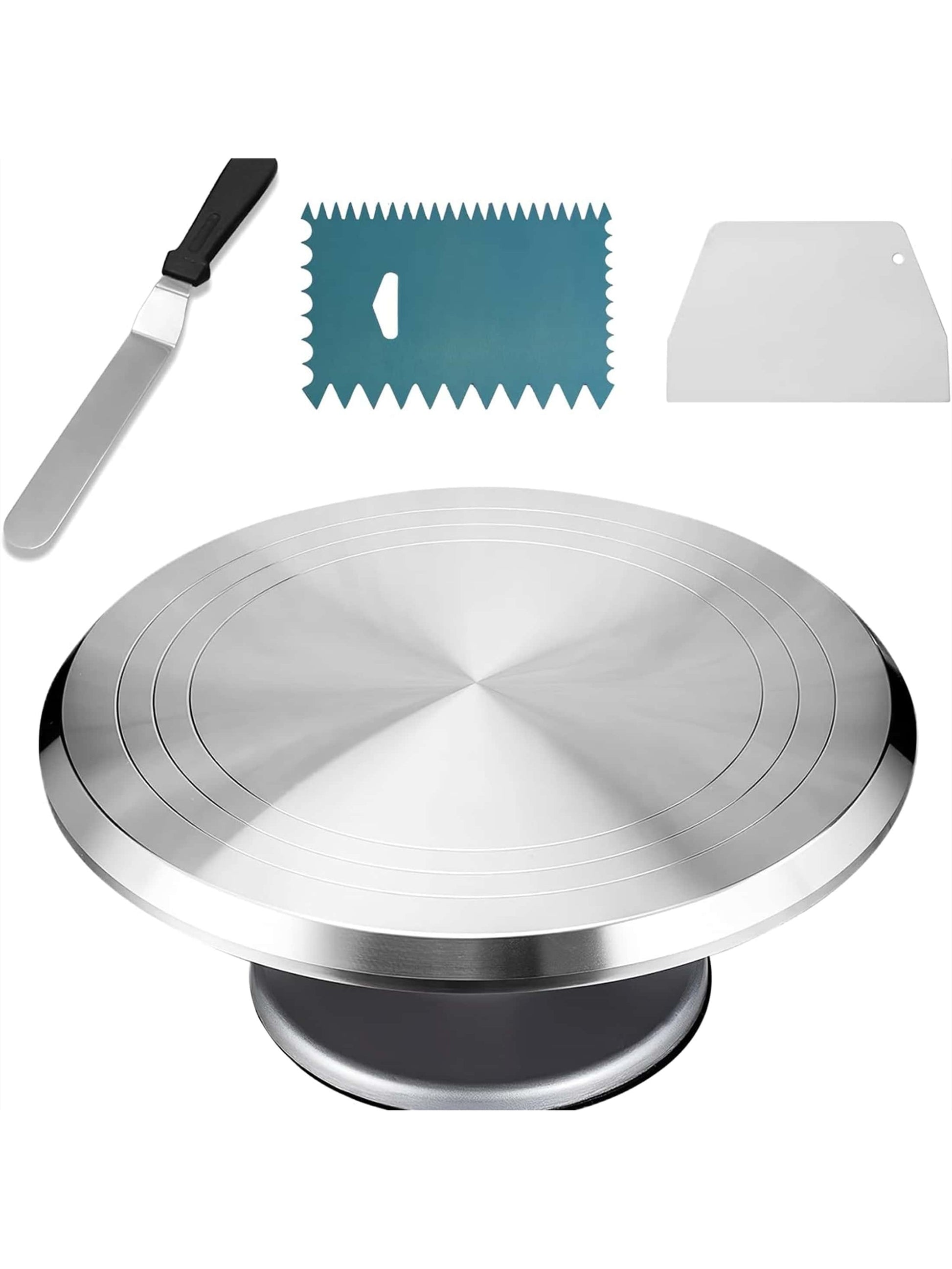 4-Piece Cake Decorating Set: 12" Revolving Cake Turntable, 14.5" Icing Spatula, and 2 Comb Icing Smoothers - Ideal for Weddings, Birthdays, and Parties