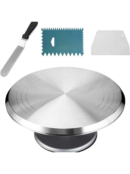 4-Piece Cake Decorating Set: 12" Revolving Cake Turntable, 14.5" Icing Spatula, and 2 Comb Icing Smoothers - Ideal for Weddings, Birthdays, and Parties