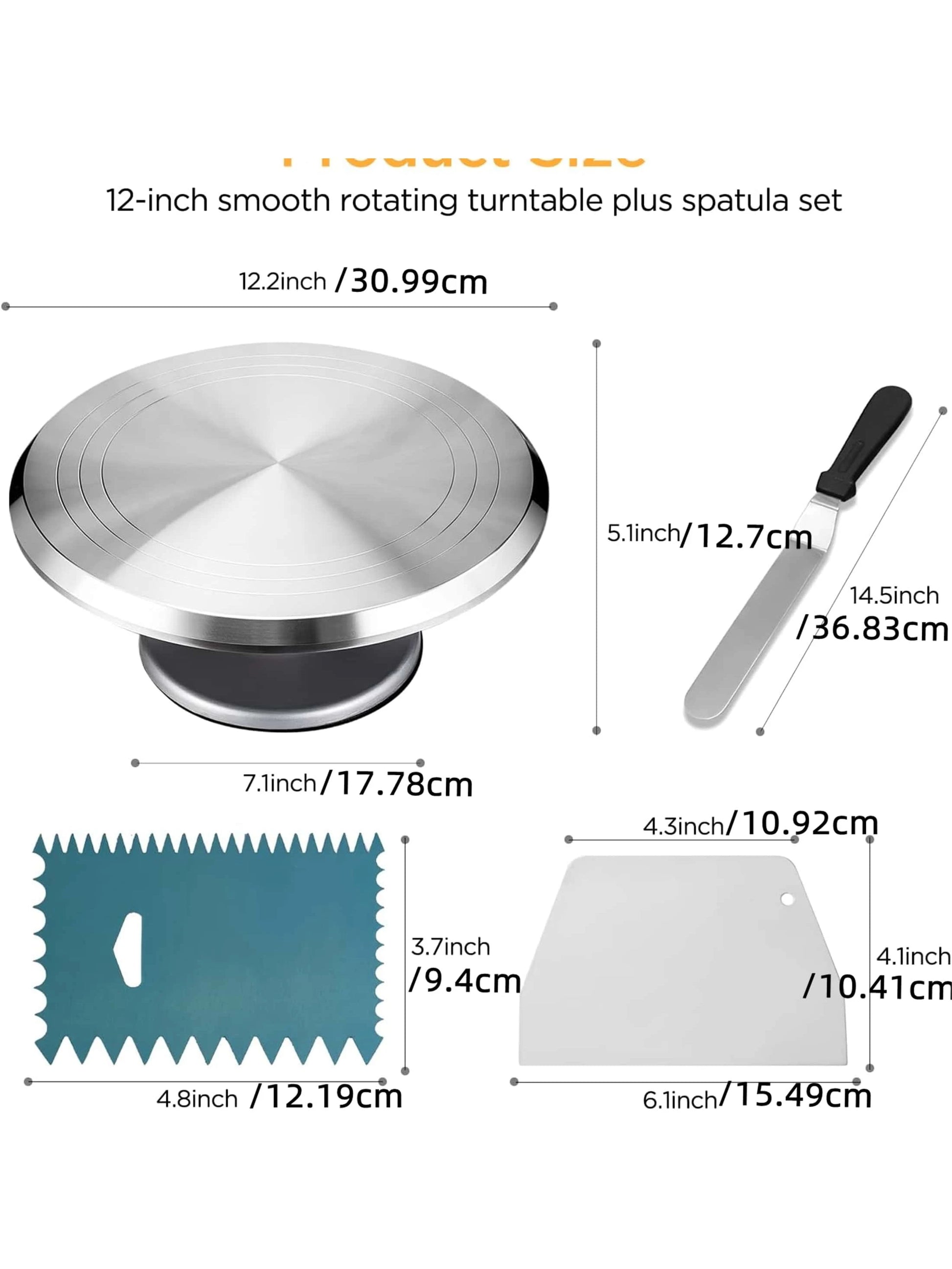 4-Piece Cake Decorating Set: 12" Revolving Cake Turntable, 14.5" Icing Spatula, and 2 Comb Icing Smoothers - Ideal for Weddings, Birthdays, and Parties