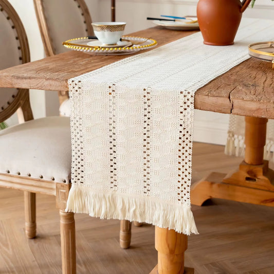 Bohemian Macrame Table Runner 30x180CM, Cotton Linen Bicolor Stitching with Tassels for Farmhouse Wedding and Dining Table Decor