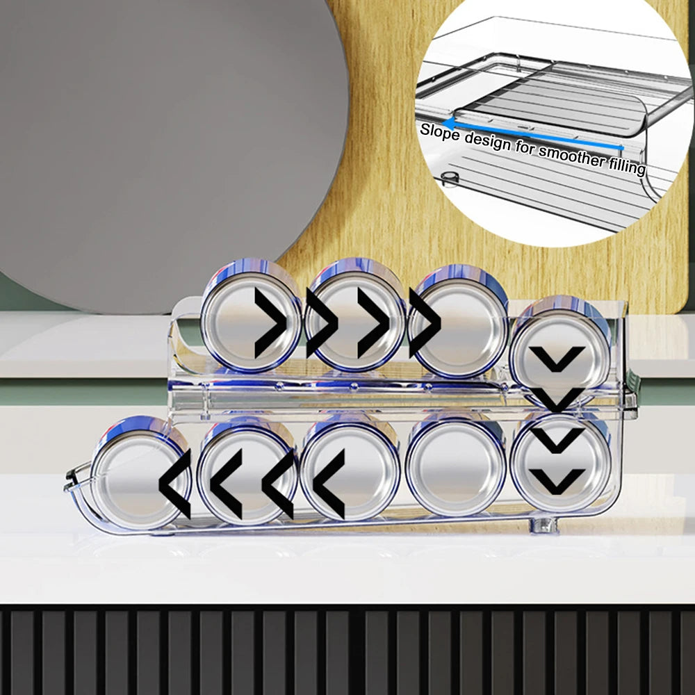Double Foldable Beverage Rack for Refrigerator - Auto Rolling Dispenser and Storage Organizer for Cans and Bottles