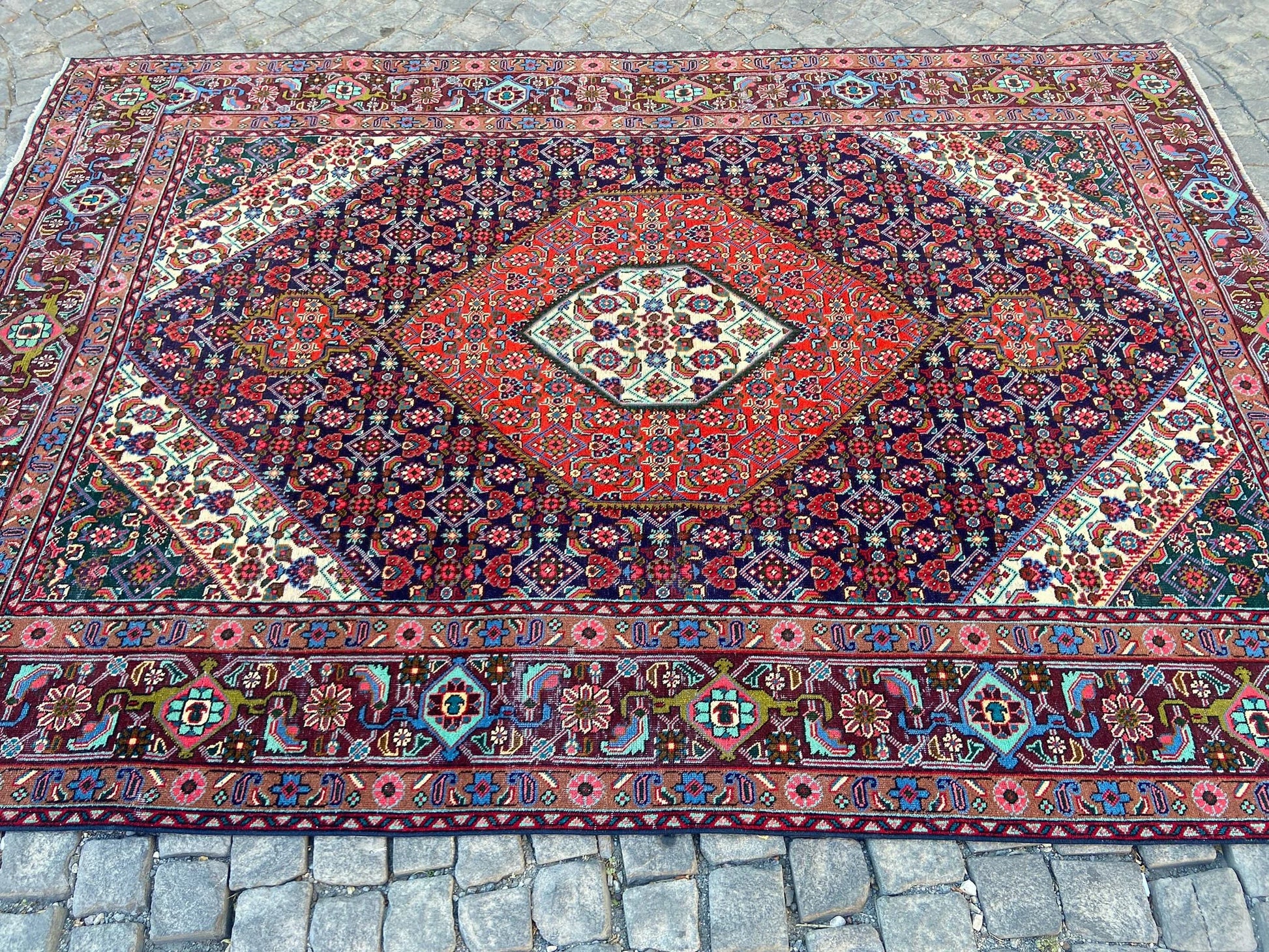 Persian Handcrafted Large Flower Rug, 6.3x9 Feet Vintage Wool Area Rug for Living Room, Unique Antique Floor Covering