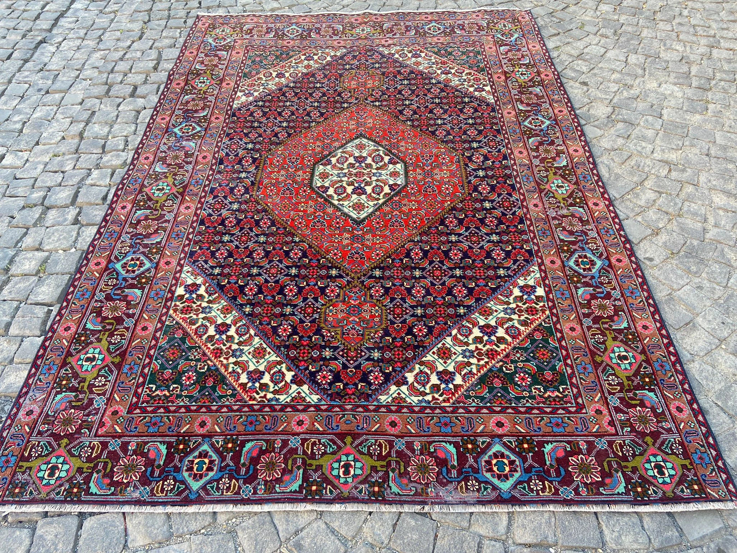 Persian Handcrafted Large Flower Rug, 6.3x9 Feet Vintage Wool Area Rug for Living Room, Unique Antique Floor Covering