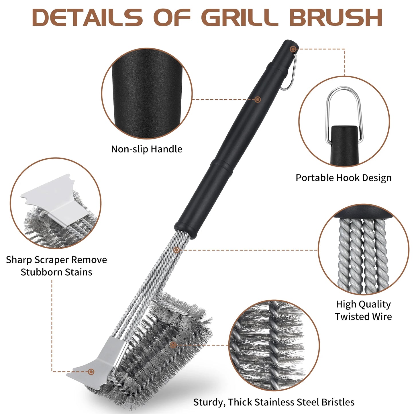 Professional Stainless Steel Grill Brush with Scraper - 19-inch BBQ Cleaning Tool for Outdoor Grills and Kitchen Use