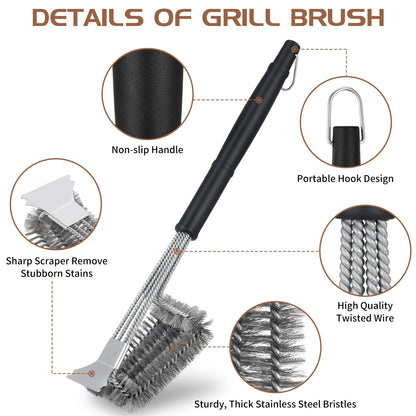 Professional Stainless Steel Grill Brush with Scraper - 19-inch BBQ Cleaning Tool for Outdoor Grills and Kitchen Use