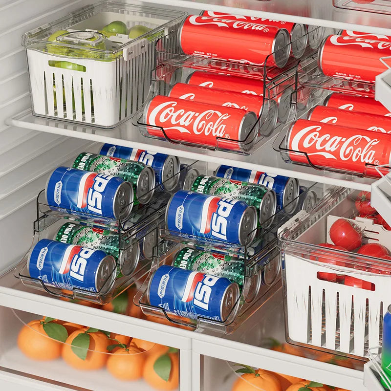Double Foldable Beverage Rack for Refrigerator - Auto Rolling Dispenser and Storage Organizer for Cans and Bottles