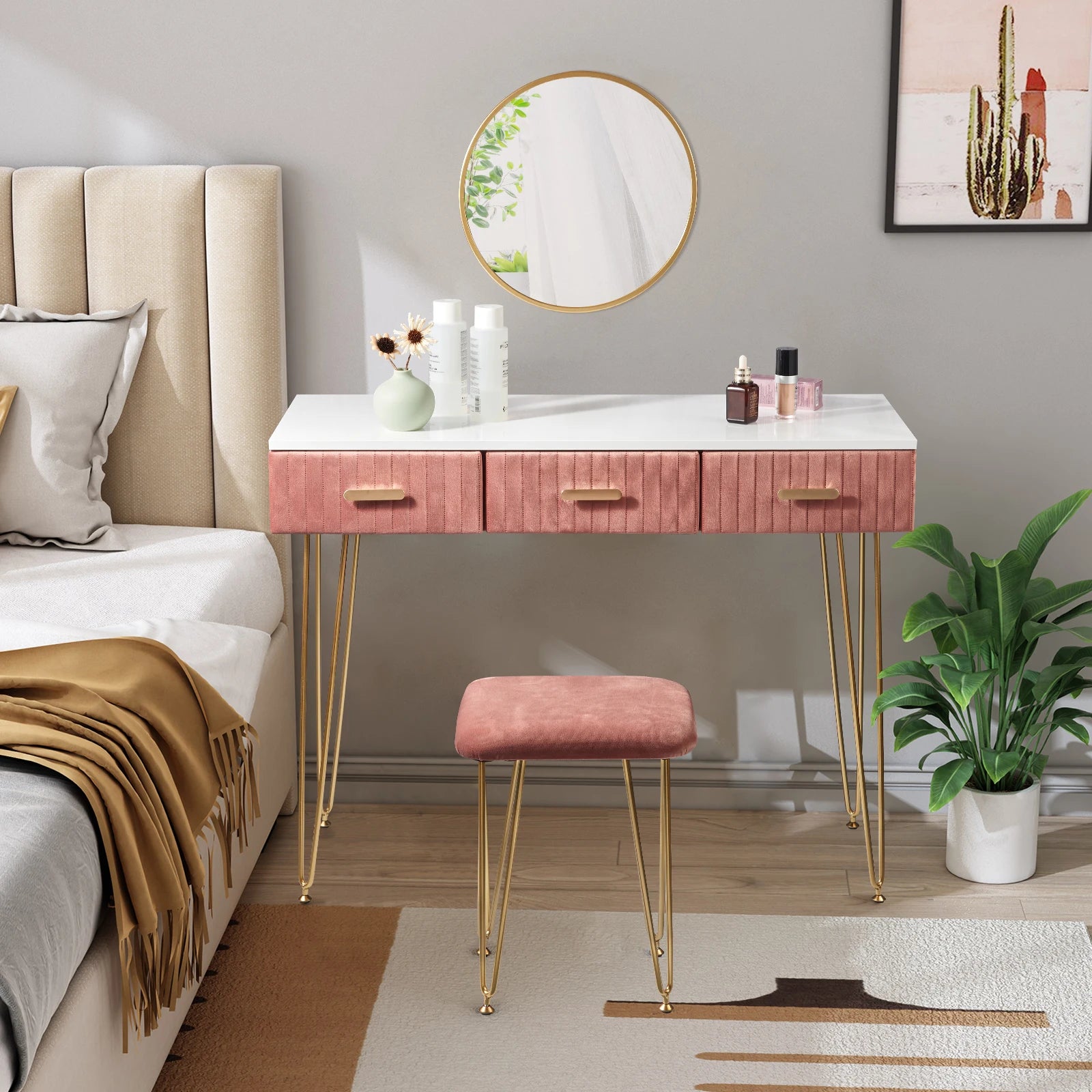 Contemporary Makeup Vanity Table with Stool, Mirror, and Drawers for Bedroom - Available in Pink and Grey