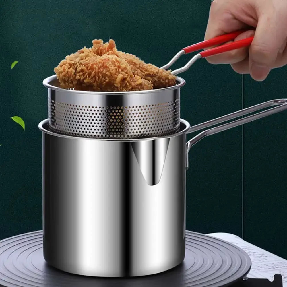 Stainless Steel Deep Fryer with Strainer Basket - Versatile Tempura and Chicken Frying Pan for Home and Commercial Applications