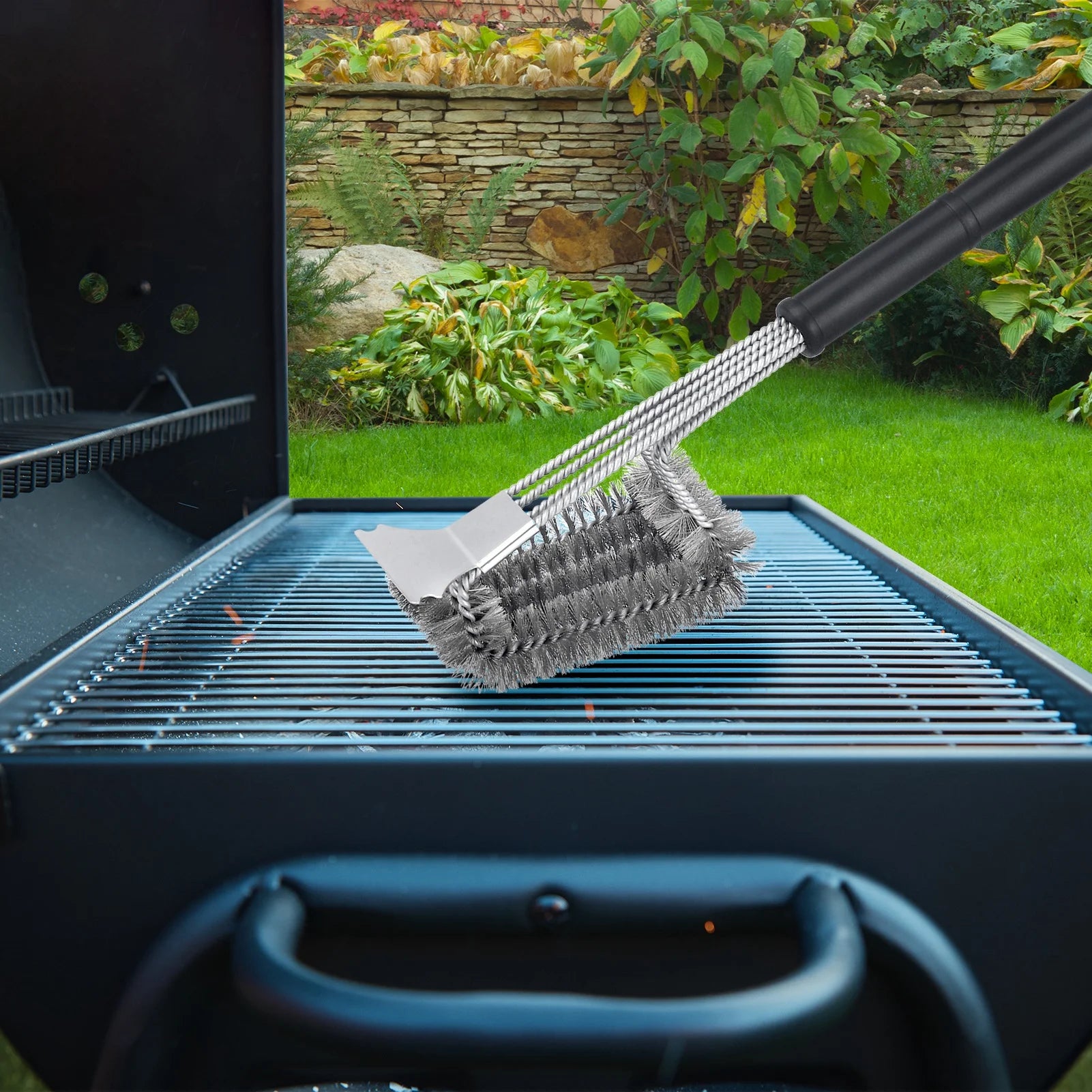 Professional Stainless Steel Grill Brush with Scraper - 19-inch BBQ Cleaning Tool for Outdoor Grills and Kitchen Use