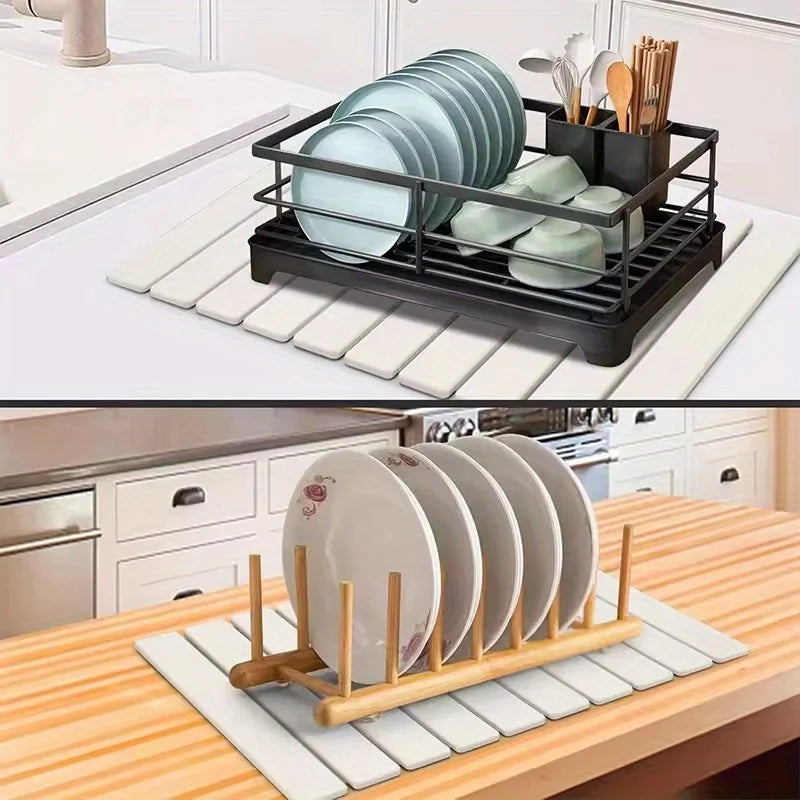 Multi-Purpose Diatomite Mats and Pads for Kitchen Use, Foldable Drying Mat for Dishes and Tableware, Non-Slip and Highly Absorbent