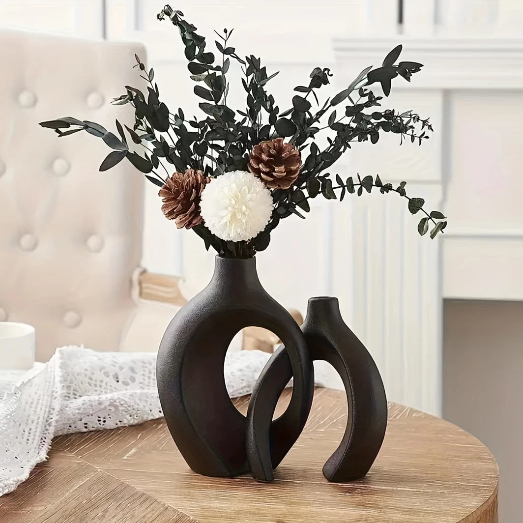 Nordic Modern Ceramic Vase Set of 2 for Contemporary Home Decor, Boho-Inspired Hollow Flower Vases for Living Room and Bookshelf