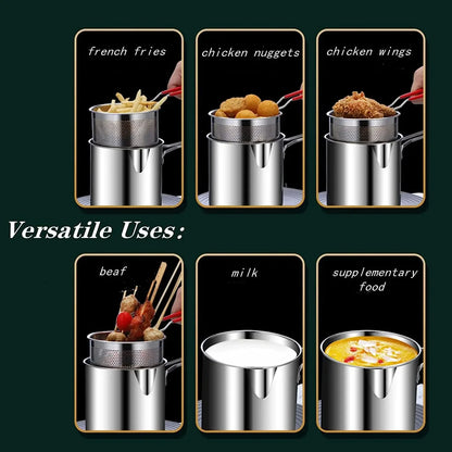 Stainless Steel Deep Fryer with Strainer Basket - Versatile Tempura and Chicken Frying Pan for Home and Commercial Applications