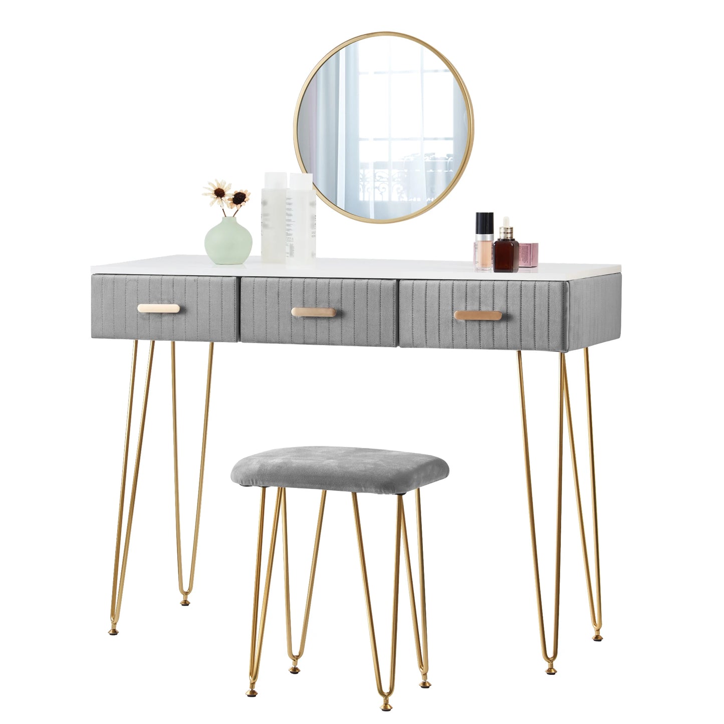 Contemporary Makeup Vanity Table with Stool, Mirror, and Drawers for Bedroom - Available in Pink and Grey