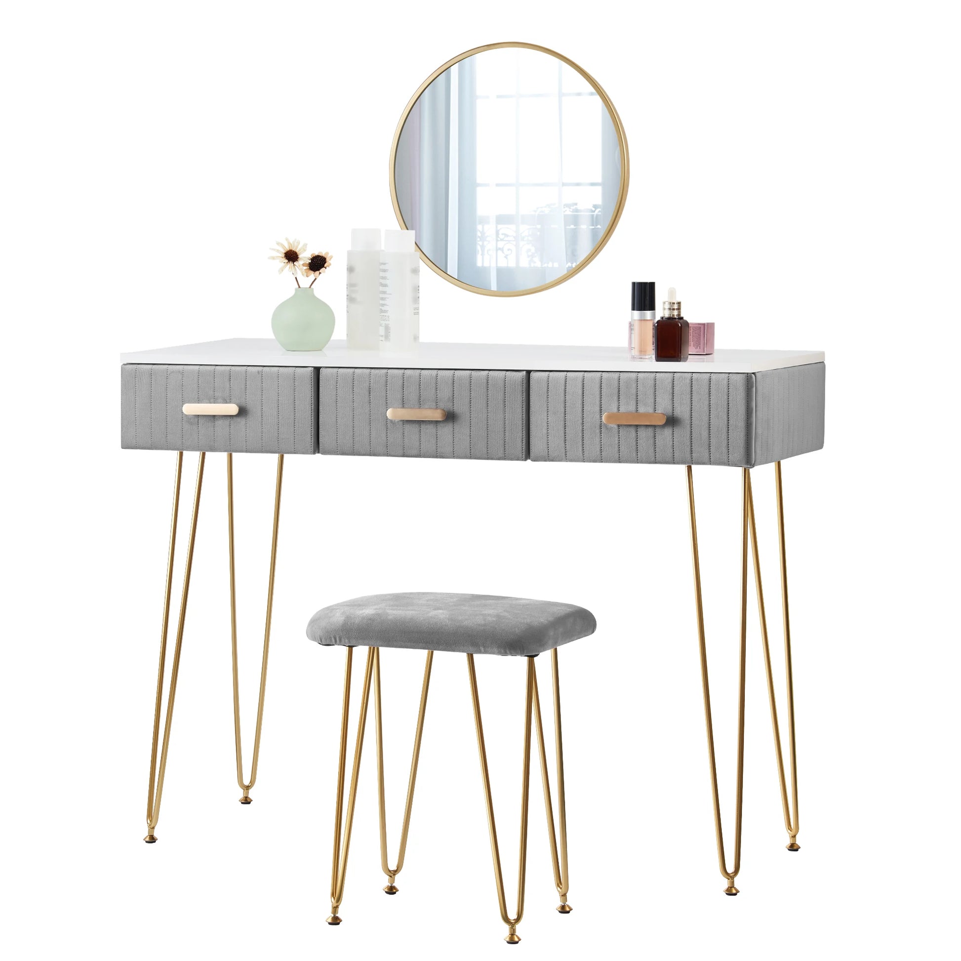 Contemporary Makeup Vanity Table with Stool, Mirror, and Drawers for Bedroom - Available in Pink and Grey