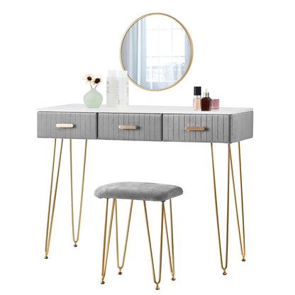 Contemporary Makeup Vanity Table with Stool, Mirror, and Drawers for Bedroom - Available in Pink and Grey