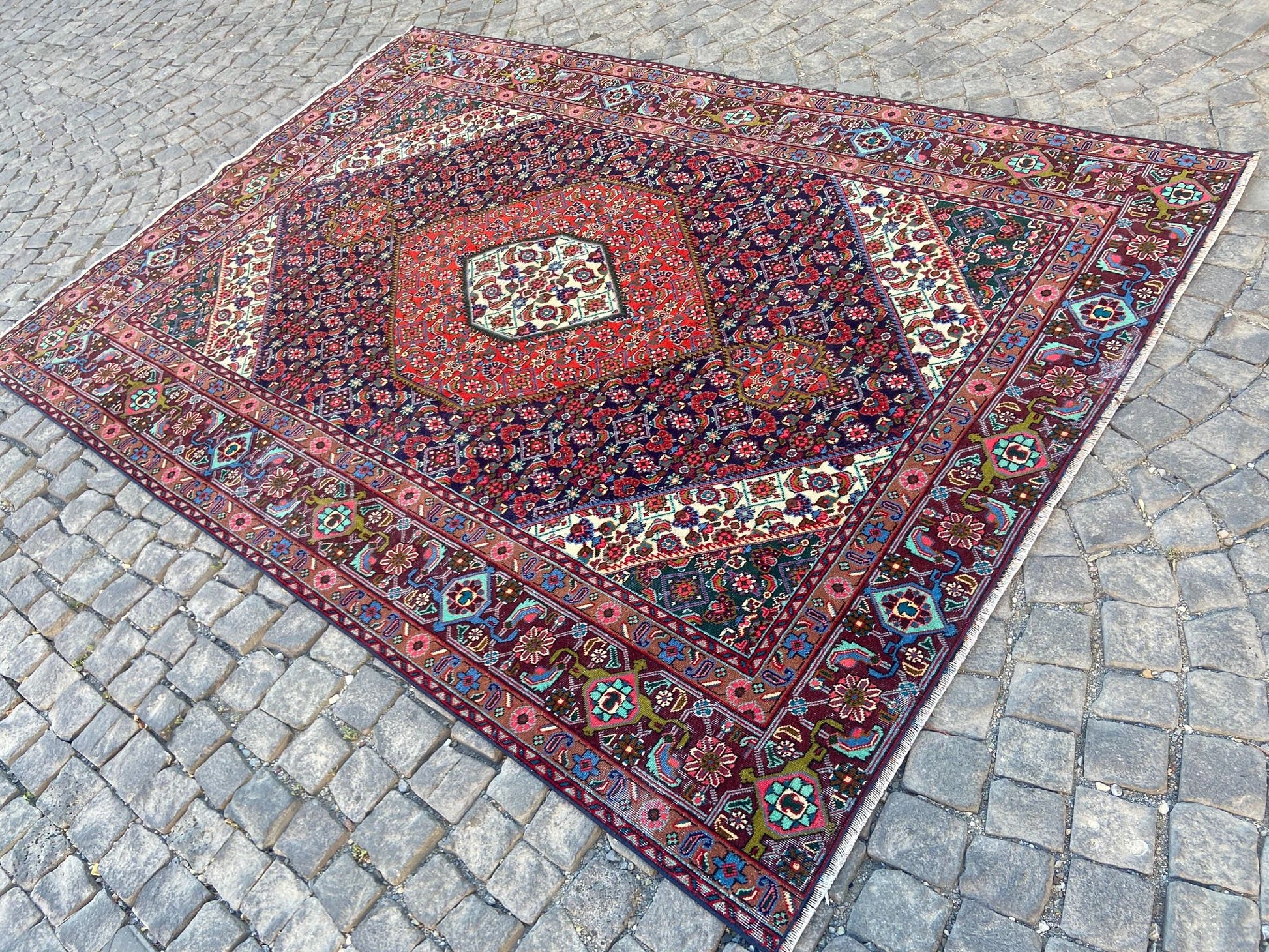 Persian Handcrafted Large Flower Rug, 6.3x9 Feet Vintage Wool Area Rug for Living Room, Unique Antique Floor Covering