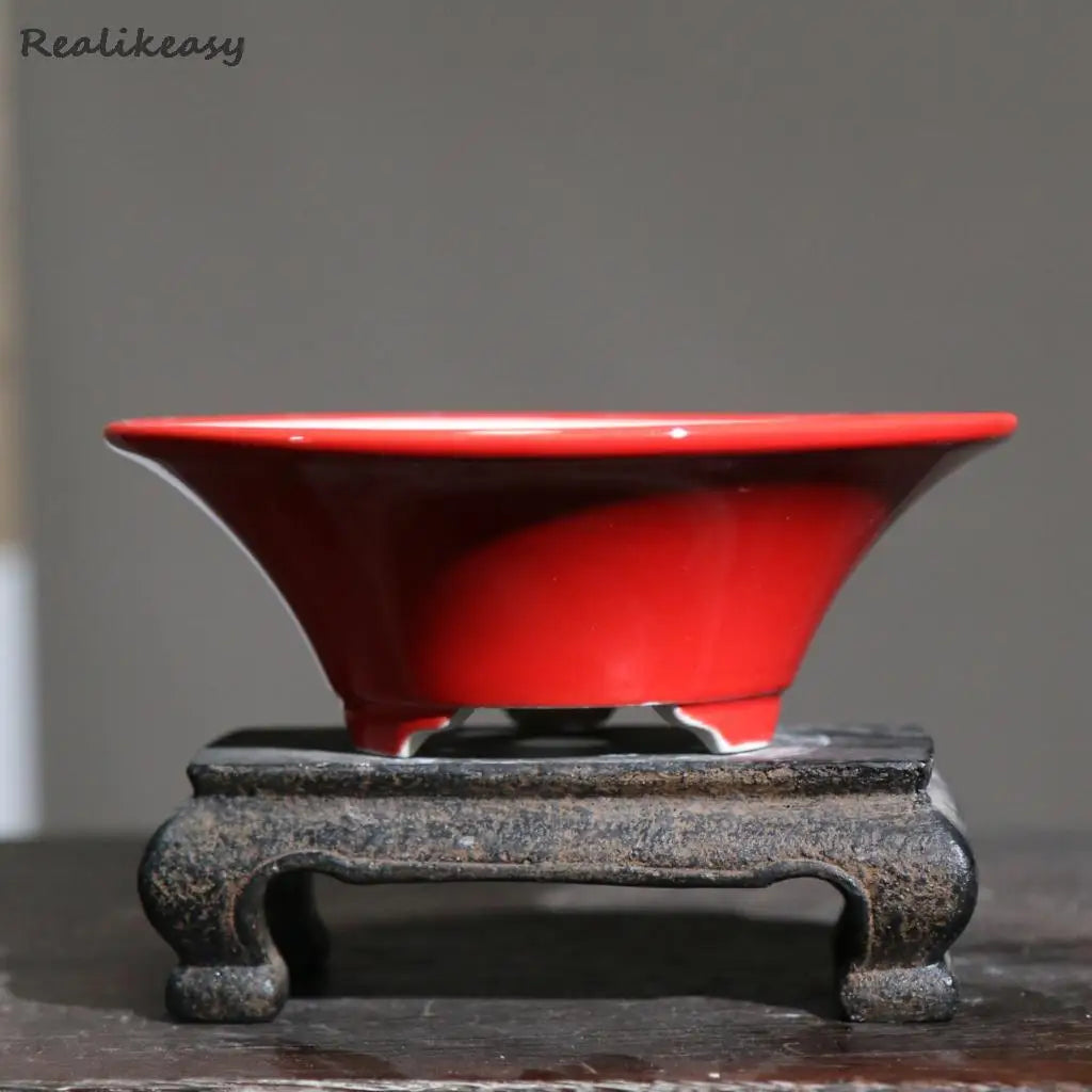Handcrafted Round Ceramic Flower Pots in Retro Solid Colors - Traditional Chinese Style Bonsai and Succulent Planters with Drainage Hole LB926