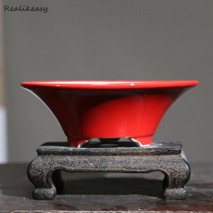 Handcrafted Round Ceramic Flower Pots in Retro Solid Colors - Traditional Chinese Style Bonsai and Succulent Planters with Drainage Hole LB926