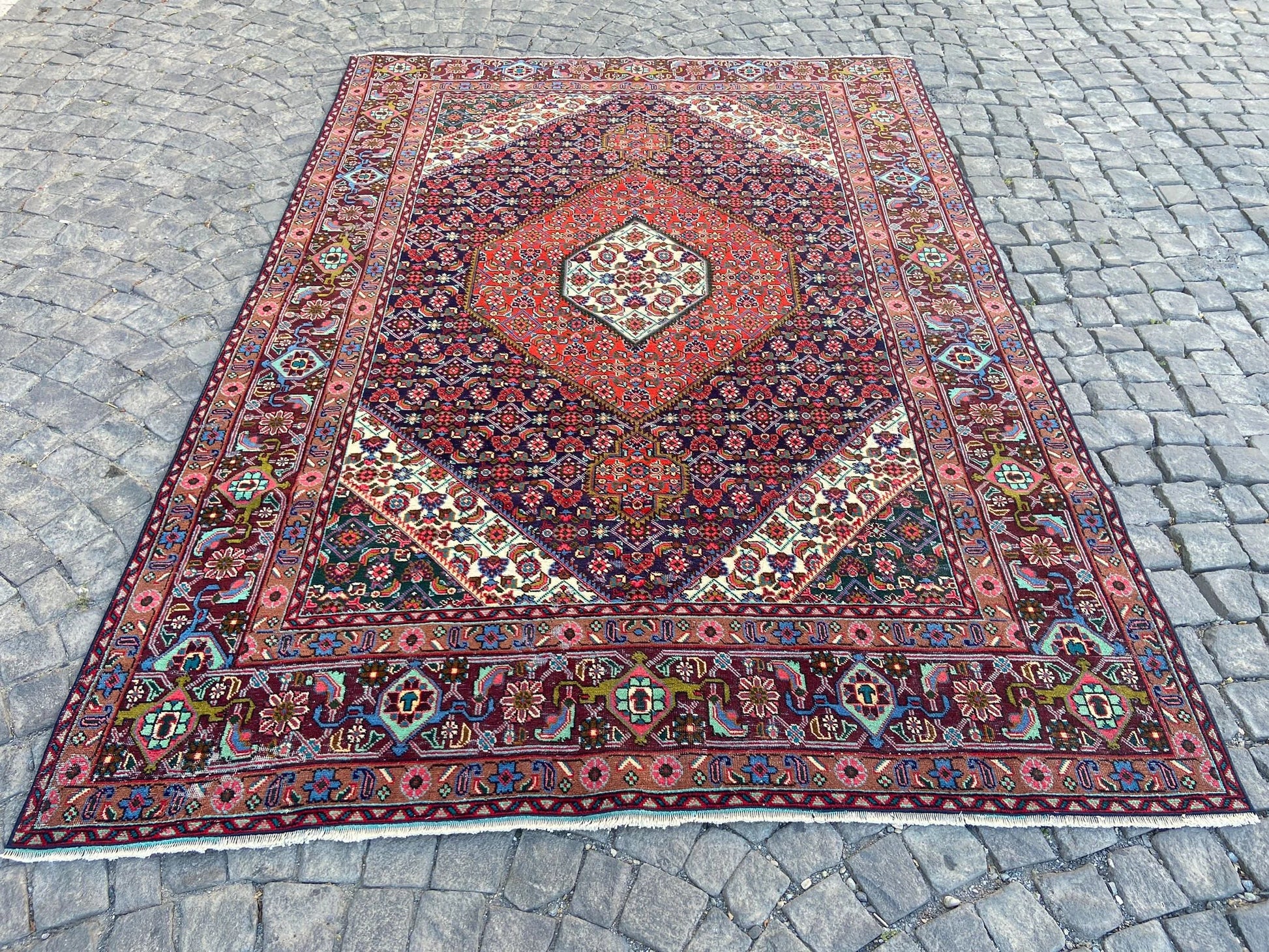 Persian Handcrafted Large Flower Rug, 6.3x9 Feet Vintage Wool Area Rug for Living Room, Unique Antique Floor Covering
