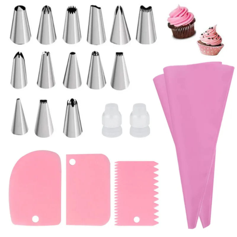 Professional Silicone Piping Bag and Stainless Steel Nozzle Set for Cake Decorating - Reusable Pastry Baking Tool