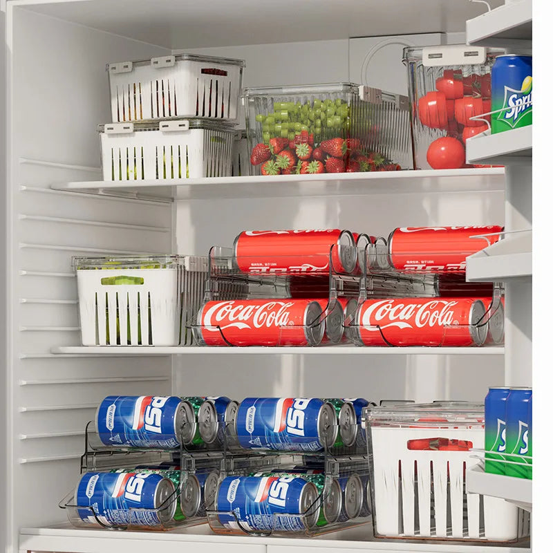 Double Foldable Beverage Rack for Refrigerator - Auto Rolling Dispenser and Storage Organizer for Cans and Bottles