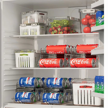 Double Foldable Beverage Rack for Refrigerator - Auto Rolling Dispenser and Storage Organizer for Cans and Bottles