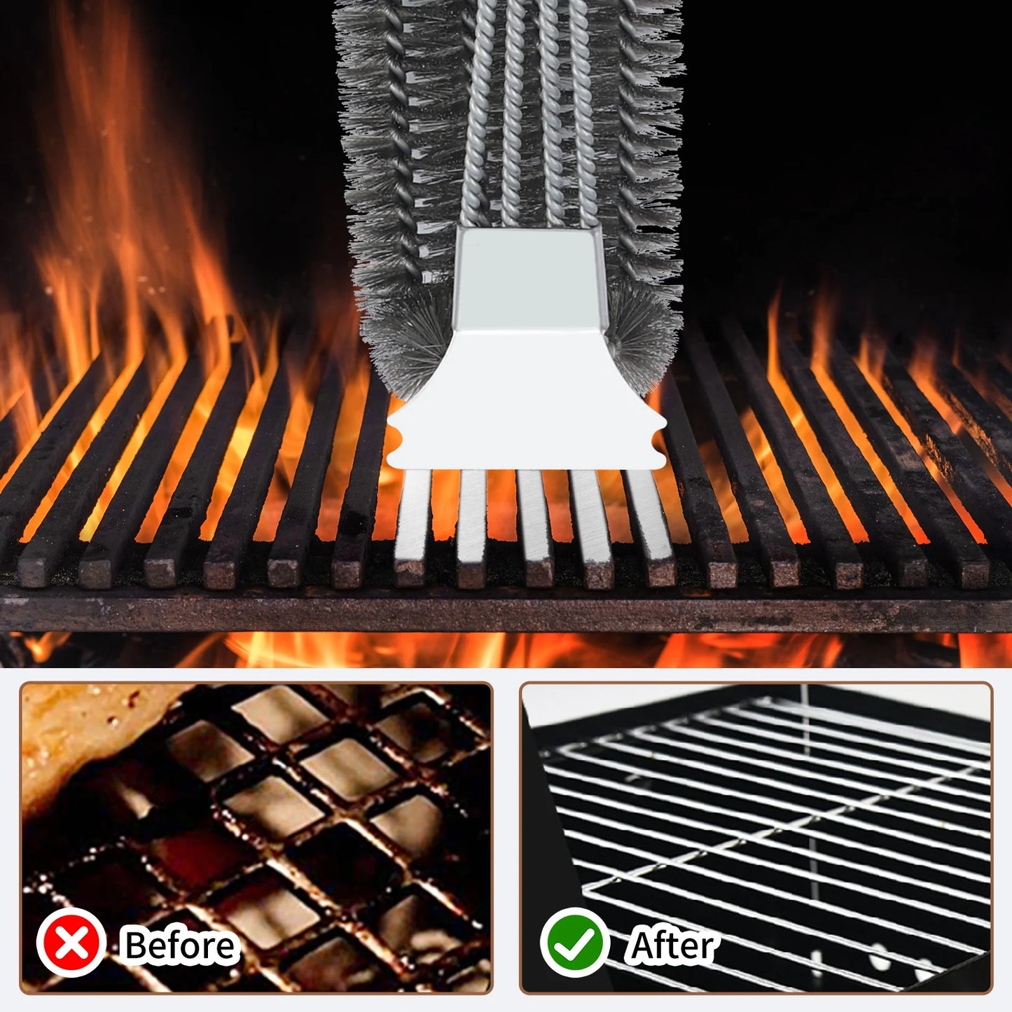 Professional Stainless Steel Grill Brush with Scraper - 19-inch BBQ Cleaning Tool for Outdoor Grills and Kitchen Use