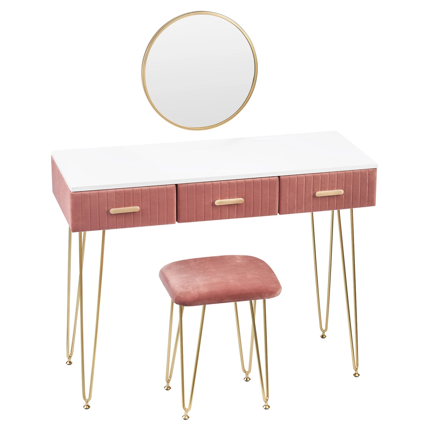 Contemporary Makeup Vanity Table with Stool, Mirror, and Drawers for Bedroom - Available in Pink and Grey