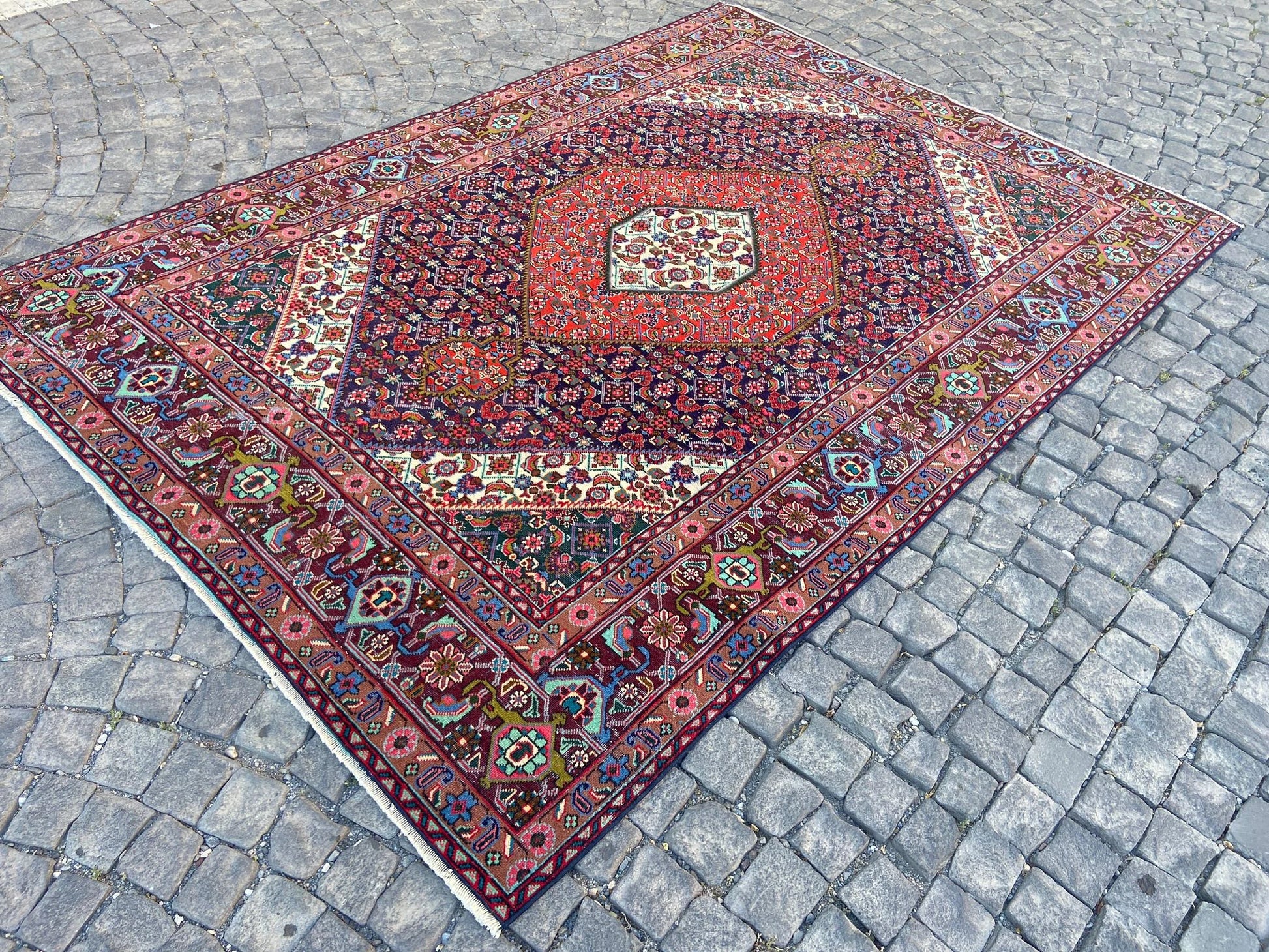 Persian Handcrafted Large Flower Rug, 6.3x9 Feet Vintage Wool Area Rug for Living Room, Unique Antique Floor Covering