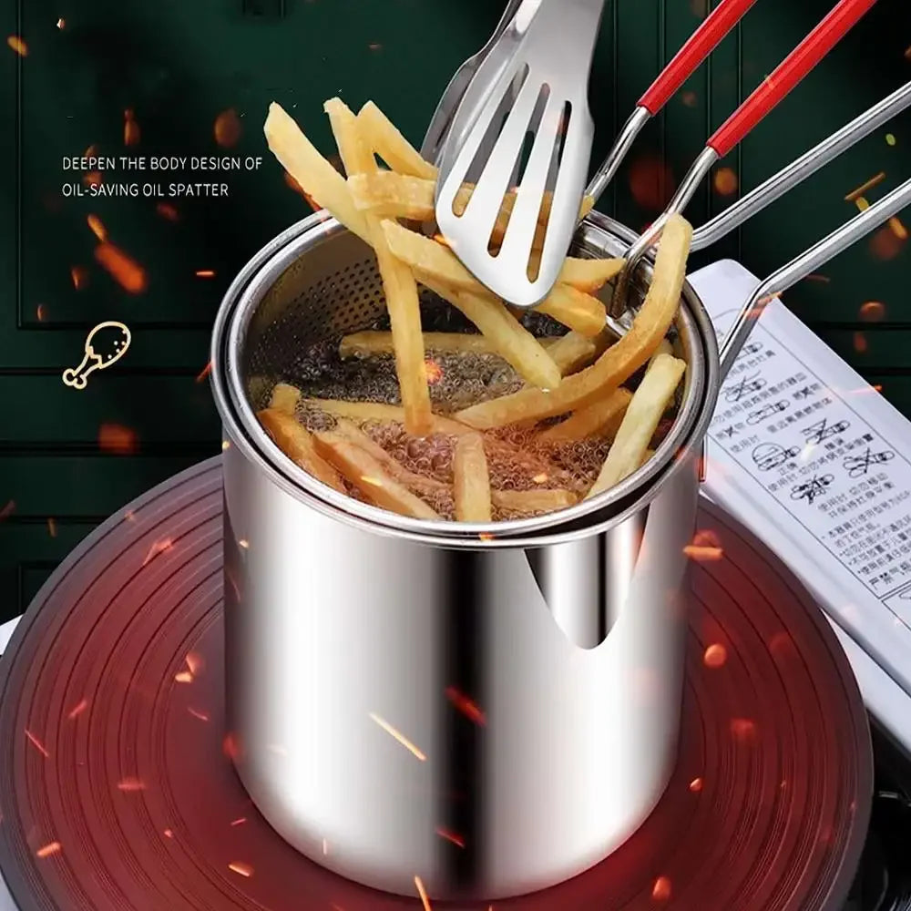 Stainless Steel Deep Fryer with Strainer Basket - Versatile Tempura and Chicken Frying Pan for Home and Commercial Applications