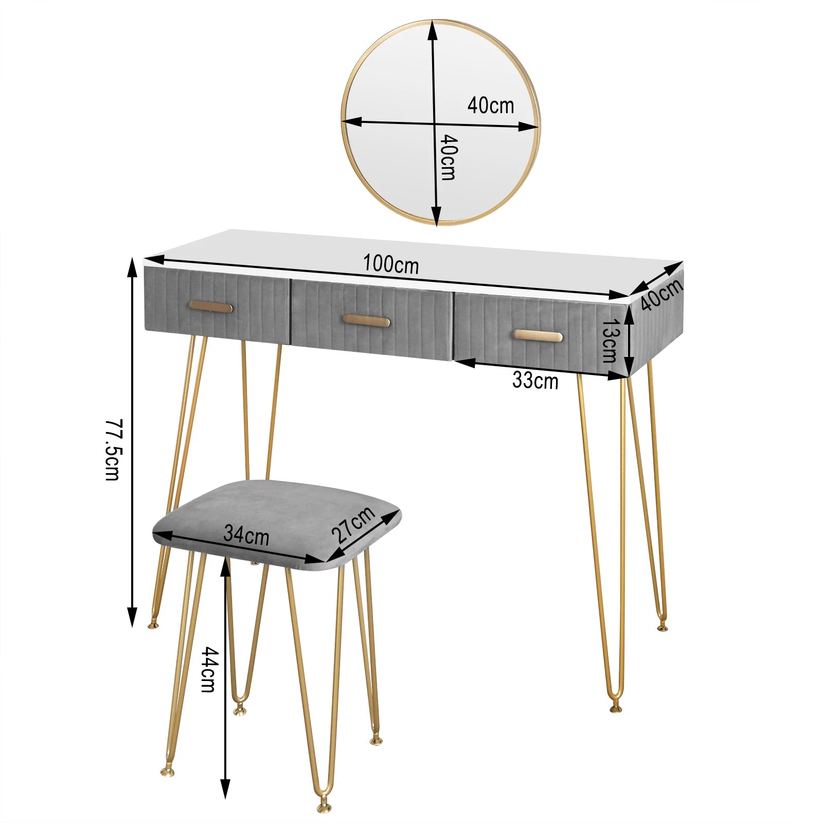 Contemporary Makeup Vanity Table with Stool, Mirror, and Drawers for Bedroom - Available in Pink and Grey