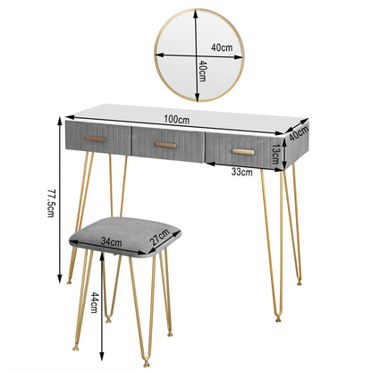 Contemporary Makeup Vanity Table with Stool, Mirror, and Drawers for Bedroom - Available in Pink and Grey