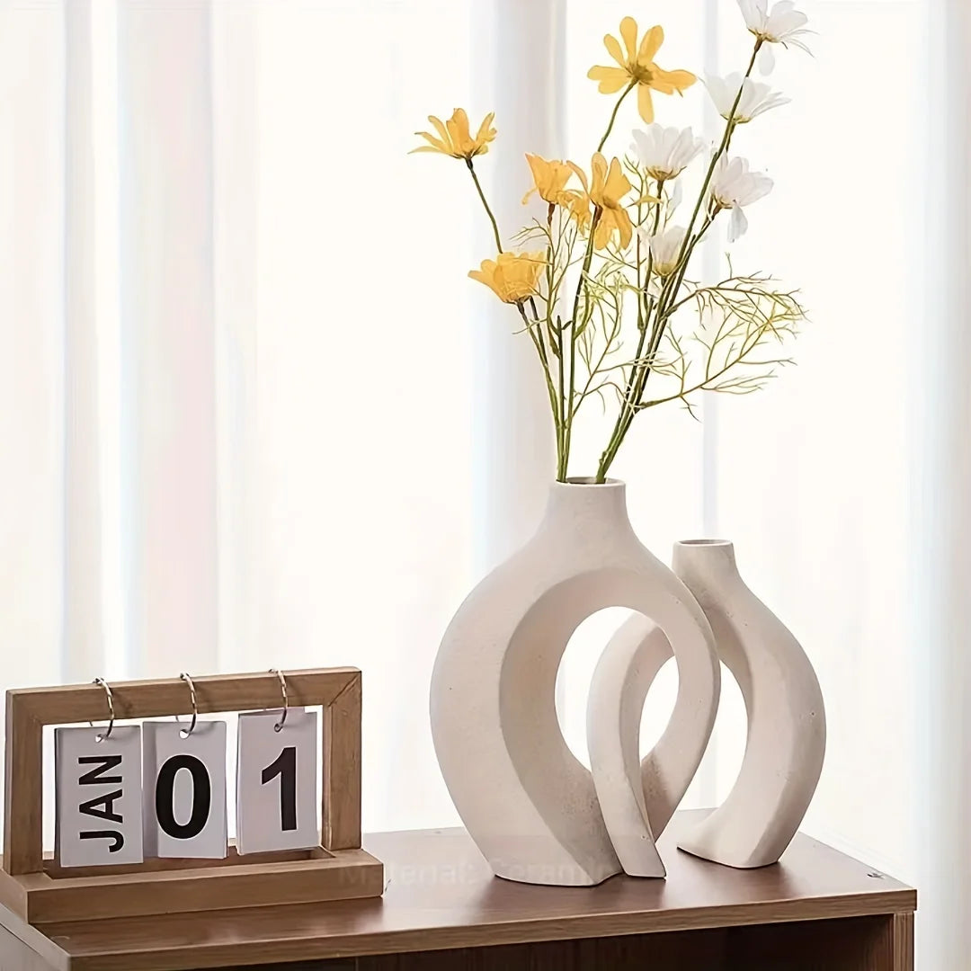 Nordic Modern Ceramic Vase Set of 2 for Contemporary Home Decor, Boho-Inspired Hollow Flower Vases for Living Room and Bookshelf