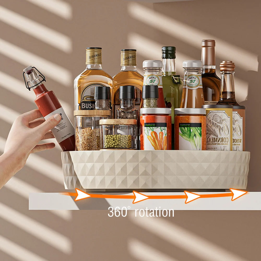 360-Degree Rotating Seasoning Storage Rack - Multifunctional Pantry Cabinet Turntable for Cosmetics and Kitchen Accessories Organization