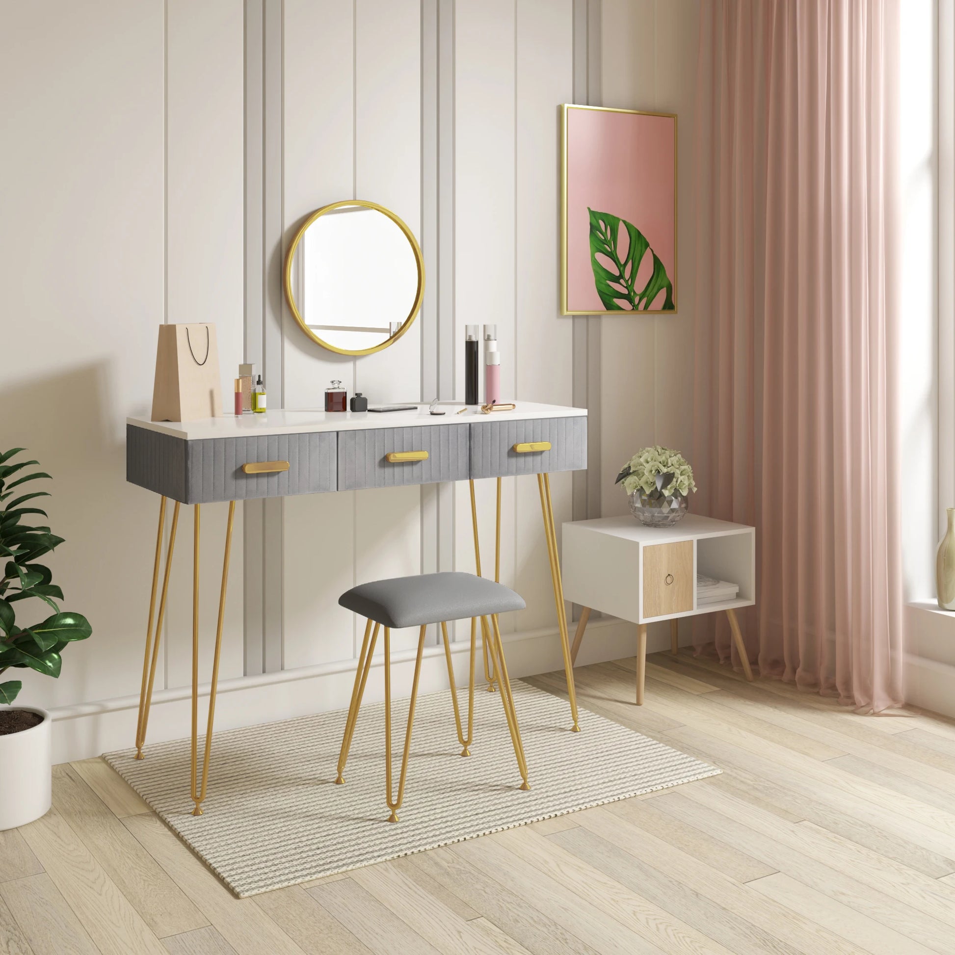 Contemporary Makeup Vanity Table with Stool, Mirror, and Drawers for Bedroom - Available in Pink and Grey