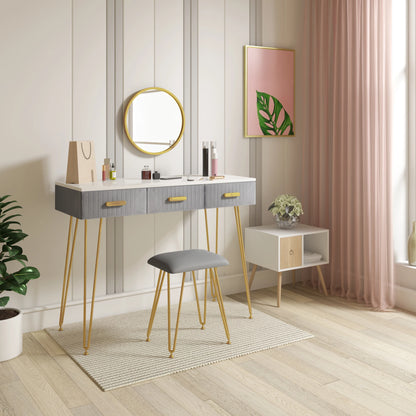 Contemporary Makeup Vanity Table with Stool, Mirror, and Drawers for Bedroom - Available in Pink and Grey