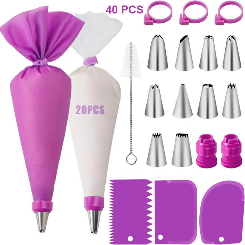 Professional Silicone Piping Bag and Stainless Steel Nozzle Set for Cake Decorating - Reusable Pastry Baking Tool