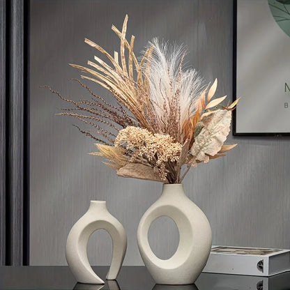Nordic Modern Ceramic Vase Set of 2 for Contemporary Home Decor, Boho-Inspired Hollow Flower Vases for Living Room and Bookshelf