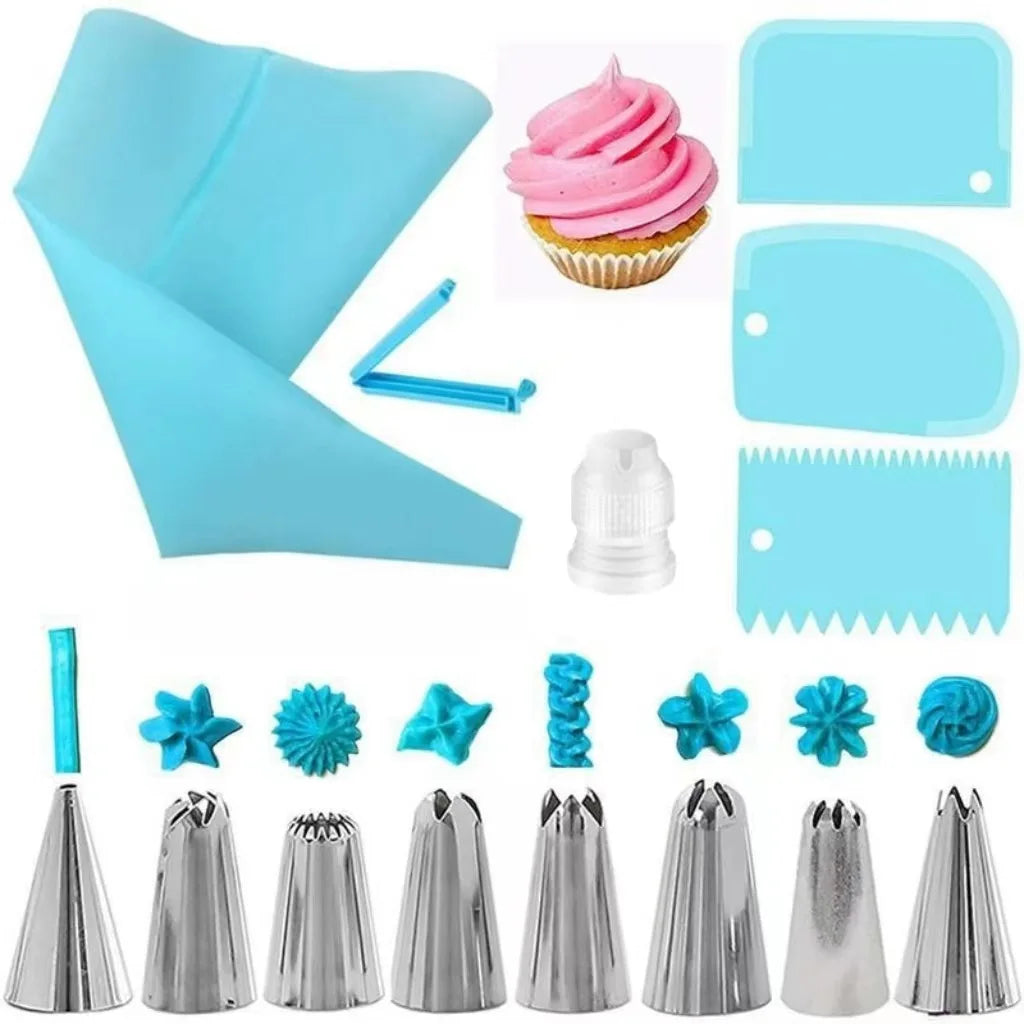 Professional Silicone Piping Bag and Stainless Steel Nozzle Set for Cake Decorating - Reusable Pastry Baking Tool
