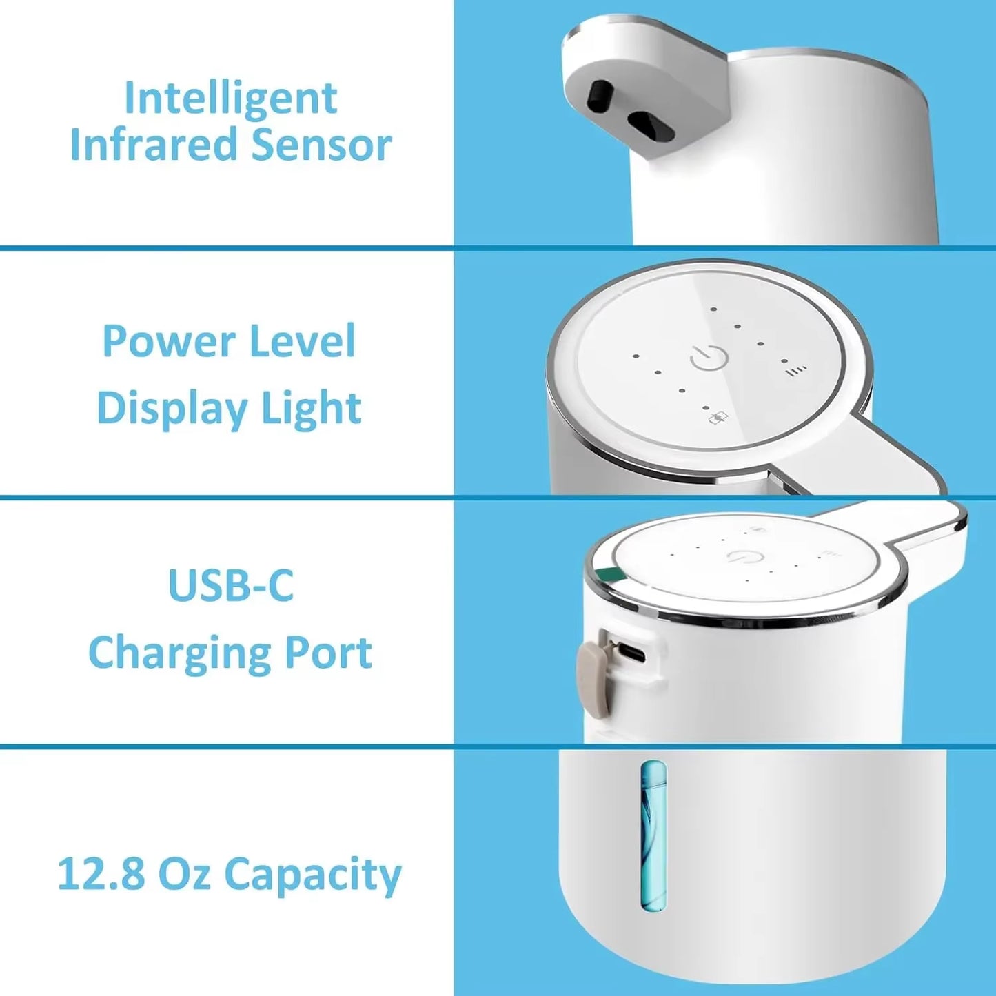 Touchless Automatic Foaming Soap Dispenser - 380ml USB Rechargeable with 4 Adjustable Foam Levels