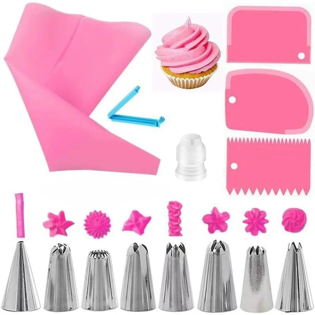 Professional Silicone Piping Bag and Stainless Steel Nozzle Set for Cake Decorating - Reusable Pastry Baking Tool